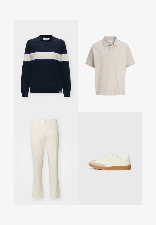 Pull en maille bleu marine avec des rayures horizontales blanches et bleues, manches longues et col avec ouverture en V.; Polo beige à manches courtes avec de fines rayures verticales, un col classique et une patte à deux boutons.; Pantalon en coton beige avec une coupe droite, doté d'une fermeture à bouton et d'une poche latérale. Texture lisse et style simple.; Baskets en cuir blanc avec une coque beige et une semelle en caoutchouc marron clair. Dotées de lacets blancs plats et d'un logo embossé sur le côté.