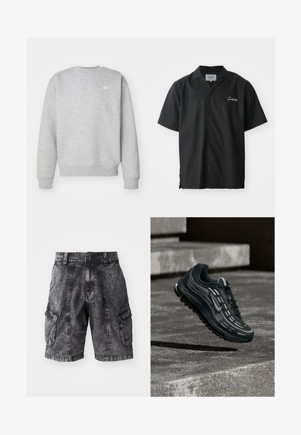 Hallide halliga fliiskangast hall crewneck-sviiter, millel on ribatud varrukasuud ja allääred, ning väikene valge logo rinnal.; Must have lühikeste varrukatega must särk, millel on suvekaval, valge tikandiga logo rinnal ja mugav lõige.; Mustad teksaseybid, millel on kulunud tekstuur, kaks küljetaskut ja nööbi sulgemine. Põlvepikkused ja tugevdatud õmblustega.; Must ja hall Nike Air Max toss hõljumas hallide betoonastmete kohal, mille taustal on tekstuuriga pinnas.