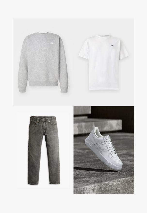 Grijze sweatshirt met ronde hals, gemaakt van fleece, voorzien van ribgebreide boorden en onderrand, met een klein wit logo op de borst.; Witte T-shirt met korte mouwen en ronde hals met een klein zwart New Balance-logo op de linker bovenkant van de borst op een effen lichte achtergrond.; Grijze denim jeans met een recht model, klassieke vijf-pocket styling en subtiele stiksels op de naden en zakken.; Witte Nike Air Force 1 sneaker met gegraveerde sterrenpatronen en een metalen ster-veterbedel, zwevend boven een betonnen oppervlak.
