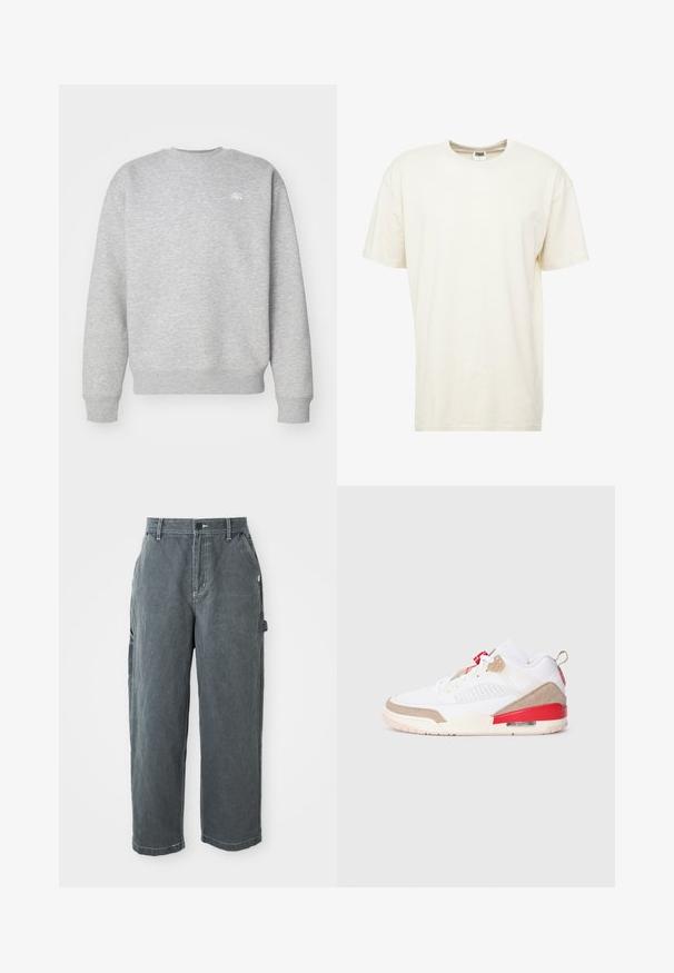 Grå crewneck sweatshirt lavet af fleece-materiale, med ribbede manchetter og kant, samt et lille hvidt logo på brystet.; T-shirt med korte ærmer og rund hals i lys cremefarve. Fremstillet af blødt bommateriale med en afslappet pasform og minimale sømme.; Mørkegrå lige ben arbejdsbukser med bæltestropper, frontknap og lynlås, sidelommer og en hammerløkke på højre ben.; Hvide sneakers med beige suede detaljer, røde accenter og mesh-paneler. Har en rund tå og luftpolstring i sålen for komfort.
