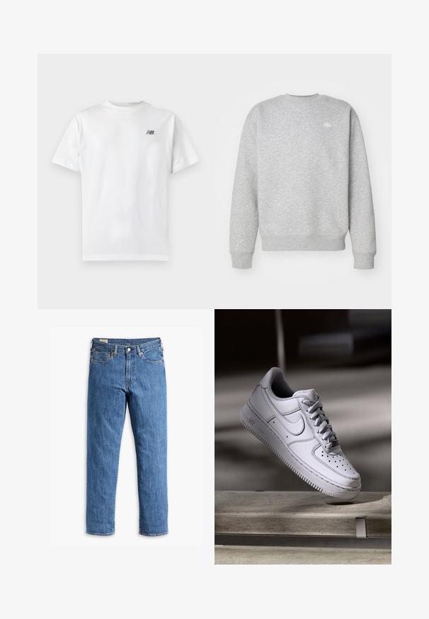 Grijze sweatshirt met ronde hals, gemaakt van fleece, voorzien van ribgebreide boorden en onderrand, met een klein wit logo op de borst.; Witte T-shirt met korte mouwen en ronde hals met een klein zwart New Balance-logo op de linker bovenkant van de borst op een effen lichte achtergrond.; Blauwe denim spijkerbroek met een recht gesneden pijp, koperen klinknagels en een vijf-pocket ontwerp. Bevat een gestikte zoom en een klassieke tailleband met riemlussen.; Witte Nike Air Force 1 sneaker van leer met geperforeerde neus, platte veters en een gestructureerde rubberen zool met "AIR"-logo aan de zijkant.