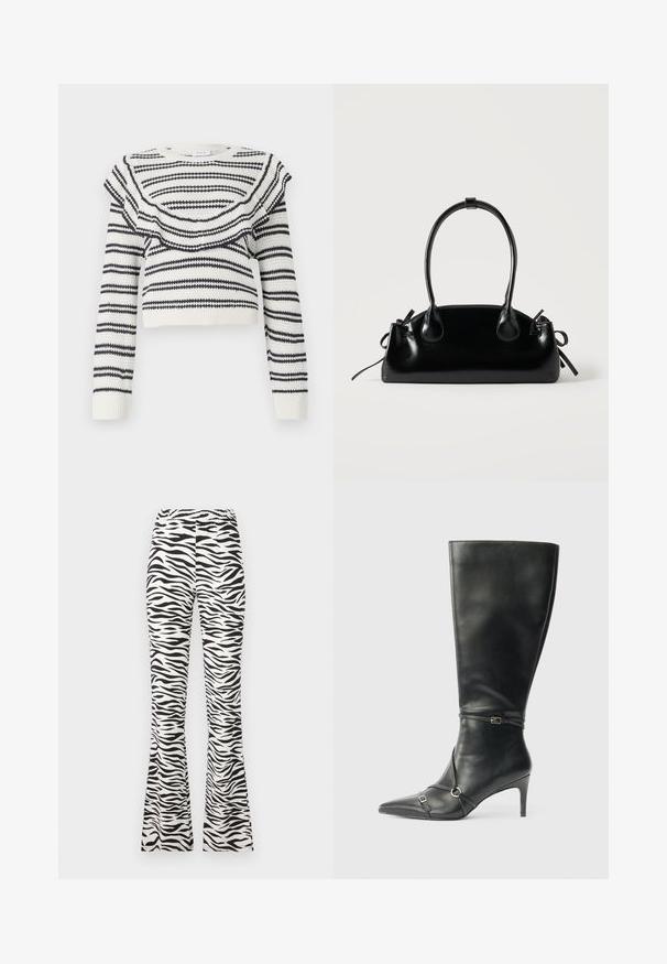 Sweater en tricot blanc avec des rayures horizontales noires, présentant un col à volants et des manches longues. Design court avec des poignets côtelés.; Pantalons évasés noir et blanc avec un motif zèbre, fabriqués en tissu léger avec une taille élastique pour plus de confort.; Bottes noires en cuir montant jusqu'au genou, avec un talon fin, un bout pointu et des détails de lanière à la cheville. Texture lisse et design ajusté.; Petit sac à main noir brillant avec deux longues anses et des détails à cordon sur les côtés sur un fond clair uni.