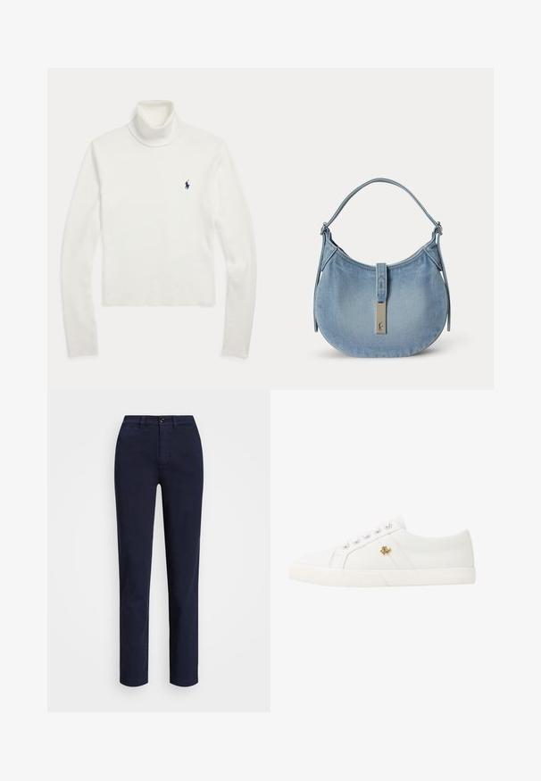 Weißer langärmeliger Rollkragenpullover mit kleinem dunkelblau besticktem Logo auf der linken Brust.; Lauren Ralph Lauren SLIM FIT STRETCH CHINO PANT - Chino - navy; Lauren Ralph Lauren JANSON II CANVAS SNEAKER - Sneaker low - optic white; Hellblaue Denim-Schultertasche mit geschwungener Form, einem einzelnen Riemen und silberner Schnalle mit kleinem Reiter-Logo vorne in der Mitte.