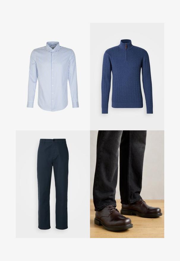 Pull en tricot bleu marine avec une fermeture éclair quart, présentant un motif à torsades texturé ainsi que des poignets et un ourlet côtelés. Matière douce et extensible.; Chemise pour homme à manches longues, rayures bleu clair et blanches, fermeture à boutons sur le devant, col classique, tissu en coton, texture lisse, ourlet arrondi.; Chinos bleu marine en tissu de coton, avec une coupe droite, fermeture à bouton et poches latérales pour plus de praticité.; Chaussures en cuir marron avec un bout rond, design à lacets et semelle en caoutchouc noire épaisse, associées à un pantalon en denim foncé.