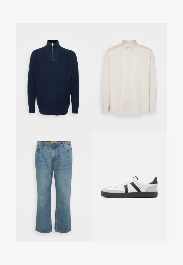 Marineblå zip-neck sweater lavet af ribbet materiale. Har en opretstående krave og raglanærmer. Løs pasform med en lige kant.; Langærmet skjorte i lys beige bomuld. Har en klassisk krave, fuld knaplukning og manchetter med knapper. Glat tekstur.; Lyseblå denim jeans med lige ben, fem lommer, synlig syning og lynlås. Mærket er gult på indersiden af taljebåndet.; Hvide sneakers med sorte og grå detaljer, med en tekstureret grå tåhætte, sort gummisål og flade hvide snørebånd. Rent design, minimalistisk stil.