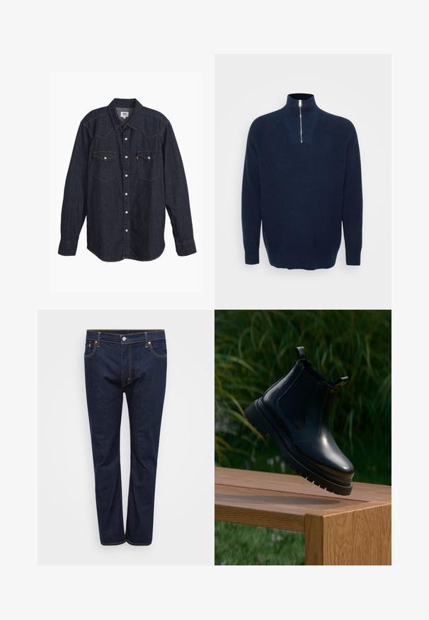 Marinekleurige trui met ritssluiting en gemaakt van ribstof. Heeft een opstaande kraag en raglanmouwen. Ontspannen pasvorm met een recht gesneden zoom.; Donkerdenim langärmige shirt met puntkraag, twee borstzakken, witte knopen en contrasterende gele stiksels. Glad, stevig stof.; Donkerblauwe denim jeans met een rechte pijpdesign, voorzien van zichtbare stiksels in contrasterend geel, vijf zakken en een knoopsluiting aan de voorkant.; Zwarte leren chelsea boot met een ronde neus, dikke rubberen zool en zij-elastische panelen, gepresenteerd op een houten oppervlak met groen in de achtergrond.