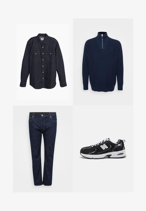 Navy Zip-Kragen-Pullover aus geripptem Material. Krempelkragen und Raglanärmel. Lockerer Schnitt mit geradem Saum.; Dunkelblauses Denim-Hemd mit langen Ärmeln und spitzem Kragen, zwei Brusttaschen, weißen Knöpfen und kontrastierendem gelbem Stich. Glattes, robustes Material.; Dunkelblaue Denim-Jeans mit geradem Bein, sichtbar abgenäht in kontrastierendem Gelb, fünf Taschen und einem vorderen Knopfverschluss.; Schwarze und graue Sportschuhe mit Obermaterial aus Mesh und Wildleder, ausgestattet mit einer weißen Zwischensohle, Schnürsenkeln und einem markanten "N"-Logo an der Seite.