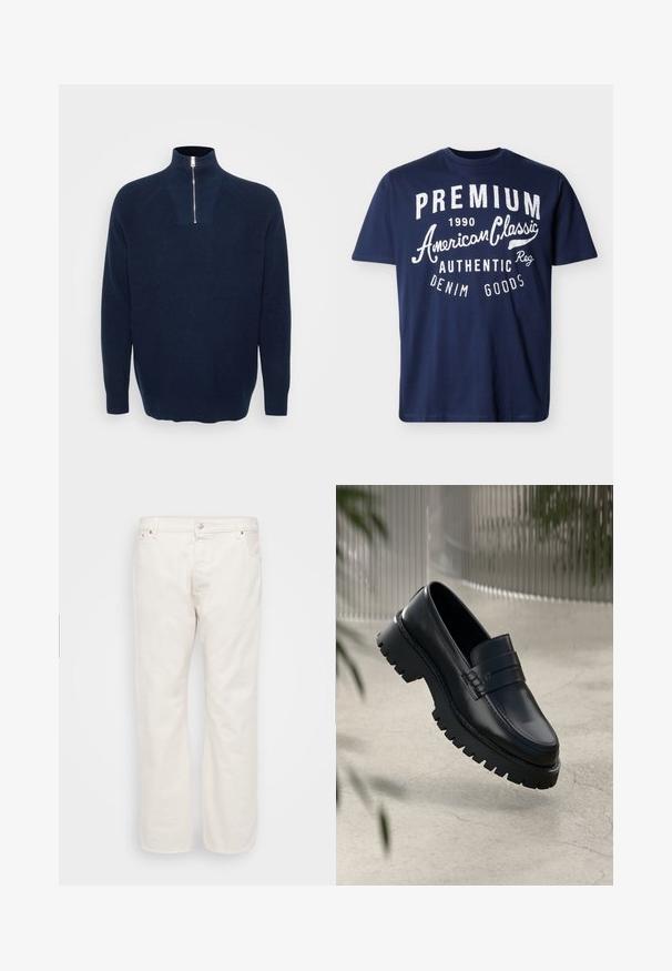 Marineblå zip-neck sweater lavet af ribbet materiale. Har en opretstående krave og raglanærmer. Løs pasform med en lige kant.; Mørkeblå T-shirt med korte ærmer og hvid tekst: "PREMIUM 1990 American Classic Authentic Denim Goods" på forsiden.; Hvide denim jeans med lige ben, der har en knaplukning, bæltestropper og to sidelommer. Glat tekstur, minimal detaljering.; Sorte læder loafers med en chunky sål, der har en dekorativ rem og syninger. Glat tekstur med en poleret overflade.