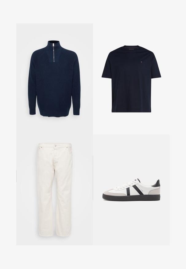 Marineblå zip-neck sweater lavet af ribbet materiale. Har en opretstående krave og raglanærmer. Løs pasform med en lige kant.; Ensfarvet mørkeblå kortærmet t-shirt med rund hals og lille rød, hvid og blå logo på venstre bryst.; Hvide denim jeans med lige ben, der har en knaplukning, bæltestropper og to sidelommer. Glat tekstur, minimal detaljering.; Hvide sneakers med sorte og grå detaljer, med en tekstureret grå tåhætte, sort gummisål og flade hvide snørebånd. Rent design, minimalistisk stil.