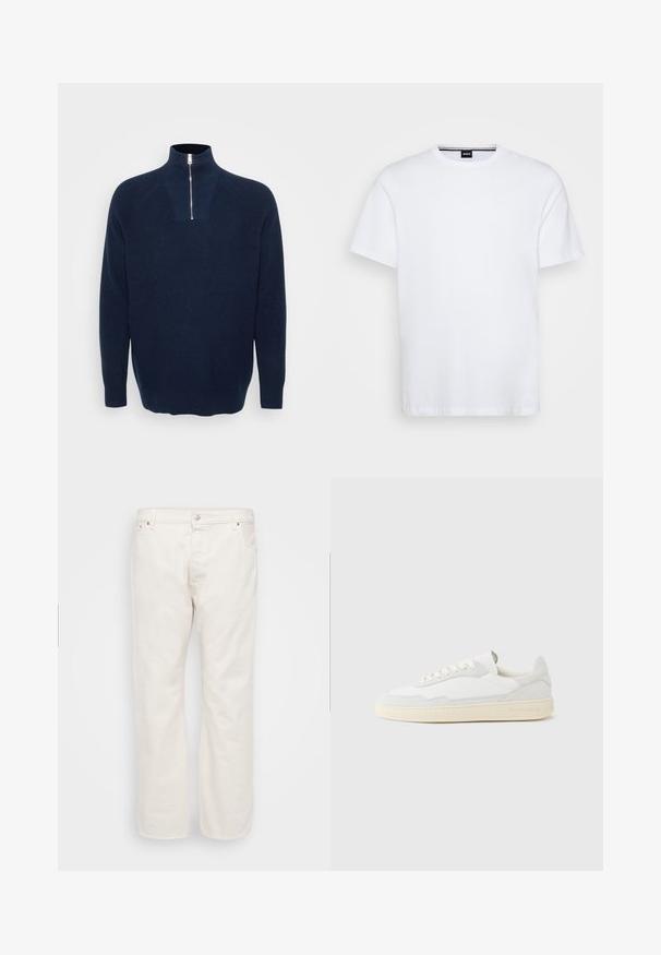 Marineblå zip-neck sweater lavet af ribbet materiale. Har en opretstående krave og raglanærmer. Løs pasform med en lige kant.; Hvid bomulds t-shirt med rund halsudskæring og korte ærmer. Har et subtile mærke ved halsen. Glat tekstur, klassisk pasform.; Hvide denim jeans med lige ben, der har en knaplukning, bæltestropper og to sidelommer. Glat tekstur, minimal detaljering.; Hvid sneakers med en øvre del i tekstureret ruskind og læder. Har rundet tå, snørelukning og kontrasterende beige gummisål.