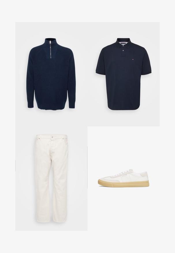 Marineblå zip-neck sweater lavet af ribbet materiale. Har en opretstående krave og raglanærmer. Løs pasform med en lige kant.; Marineblå polo i bomuld med to-knaps lysning og lille logo på venstre bryst. Korte ærmer, lige kant.; Hvide denim jeans med lige ben, der har en knaplukning, bæltestropper og to sidelommer. Glat tekstur, minimal detaljering.; Hvide sneakers lavet af læder og ruskind, med snørestropper, en tan gummisål og et lille logo på siden.