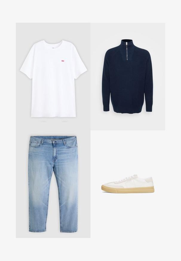 Marineblå zip-neck sweater lavet af ribbet materiale. Har en opretstående krave og raglanærmer. Løs pasform med en lige kant.; Hvid bomulds t-shirt med korte ærmer og rund halsudskæring. Har et lille rødt Levi's logo på venstre bryst. Flad design, uden mønstre.; Lyseblå denimjeans med knap- og lynlåslukning foran, fem lommer og et lige ben; Hvide sneakers lavet af læder og ruskind, med snørestropper, en tan gummisål og et lille logo på siden.