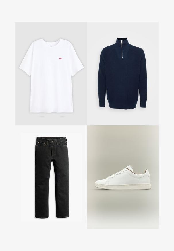 Marineblå zip-neck sweater lavet af ribbet materiale. Har en opretstående krave og raglanærmer. Løs pasform med en lige kant.; Hvid bomulds t-shirt med korte ærmer og rund halsudskæring. Har et lille rødt Levi's logo på venstre bryst. Flad design, uden mønstre.; Sorte lige ben denim jeans med fem lommer, bæltestropper og en knaplukning i taljen, lagt fladt på en hvid baggrund.; Hvid lavsko med snørelukning foran, glat læderoverdel og lys beige sål mod en neutral baggrund.