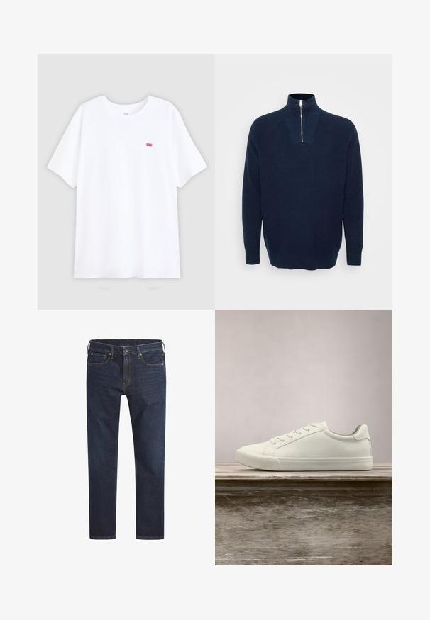 Navy Zip-Kragen-Pullover aus geripptem Material. Krempelkragen und Raglanärmel. Lockerer Schnitt mit geradem Saum.; Weißes Baumwoll-T-Shirt mit kurzen Ärmeln und Rundhalsausschnitt. Verfügt über ein kleines rotes Levi's-Logo auf der linken Brust. Flaches Design, keine Muster.; Dunkelblaue Jeans aus Denim mit geradem Schnitt, Fünf-Taschen-Design und Metallknopfverschluss. Mit kontrastierenden Nähten versehen.; Weiße Schnürsneaker, die über einer Holzbank mit grünem Laub im Hintergrund schweben und das Schuhdesign sowie die Textur zeigen.