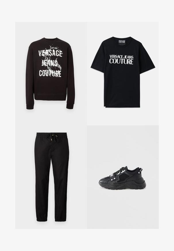 Schwarzes Sweatshirt mit langen Ärmeln, vorne mit weißem Schriftzug "Versace Jeans Couture" und Wasserspritz-Grafik. Gerippte Bündchen und Saum.; Schwarzes Baumwoll-T-Shirt mit kurzen Ärmeln, das auf der Vorderseite den großen weißen Text "VERSACE JEANS COUTURE" trägt. Klassisches Rundhalsdesign.; Schwarze Hose mit einem elastischen Bund und Kordelzug. Hat schmal zulaufende Beine mit elastischen Bündchen. Glattes, leichtes Material.; Schwarzer Sneaker mit klobiger Sohle, der Mesh-Einsätze und Lederakzente aufweist. Enthält weiße Schnürsenkel und Branding an der Seite.