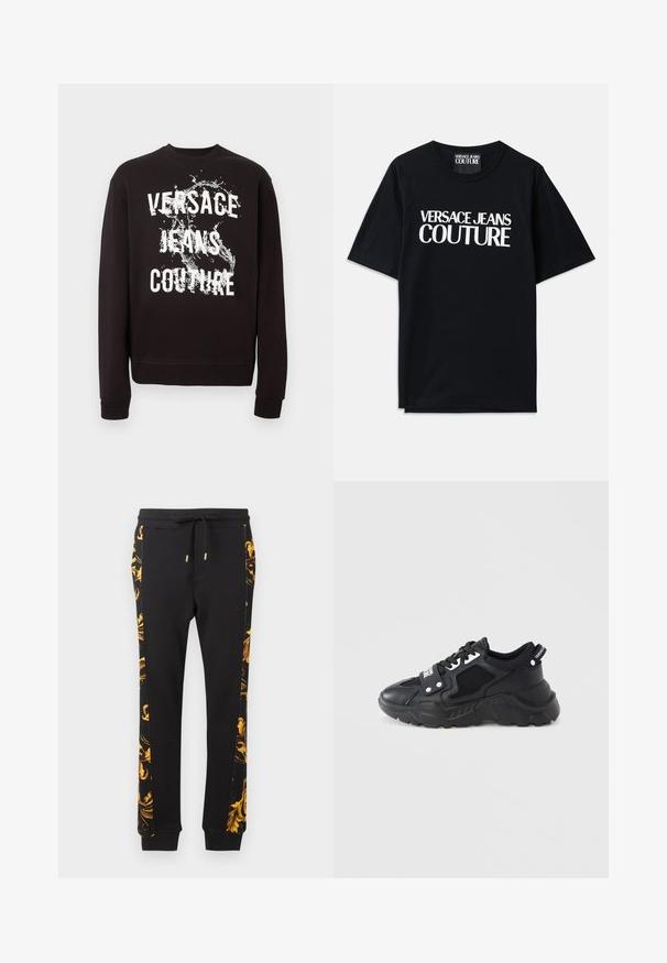 Čierna mikina s dlhými rukávmi s bielym nápisom "Versace Jeans Couture" a grafickým obrázkom vodnej prskavice vpredu. Manžety a spodný lem sú rebrované.; Čierne bavlnené tričko s krátkymi rukávmi s veľkým bielym nápisom "VERSACE JEANS COUTURE" na prednej strane. Klasický dizajn s okrúhlym výstrihom.; Čierne tepláky so zlatým kvetinovým vzorom po stranách, s úzkym strihom a elastickými manžetami. Vyrobené z mäkkej bavlnenej tkaniny.; Čierny teniska s masívnou podrážkou, obsahujúca sieťované panely a kožené doplnky. Obsahuje biele šnúrky a značku na boku.