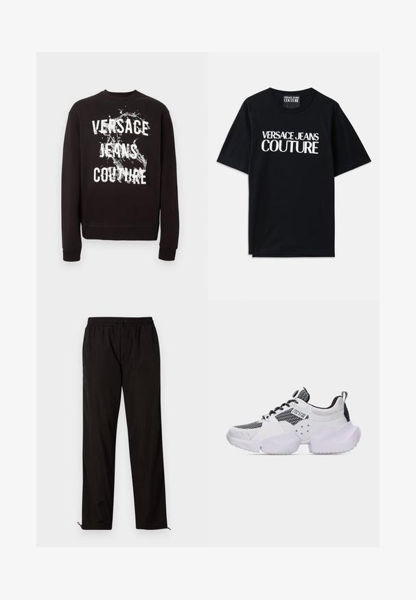 Must pika varrukaga dressipluus valge "Versace Jeans Couture" tekstiga ja ees veesplash-graafikuga. Soonilised mansetid ja alumine äär.; Mustmust värvi puuvillane T-särk lühikeste varrukatega, mille esiküljel on suur valge kiri "VERSACE JEANS COUTURE". Klassikaline ümarkaelus.; Mustad mustriga püksid elastse vöökoha, nööridega sulgemise ja reguleeritavate sääreotstega, millel on lukud. Sile ja läikiv tekstuur.; Tüsed valge ja must toss, millel on tekstuuriga tald, paeltega kinnitatav disain, hingavad võrgust paneelid ning küljele trükitud "Versace Jeans Couture" bränd.