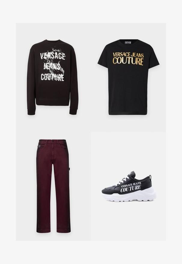 Zwarte sweater met lange mouwen, met witte tekst "Versace Jeans Couture" en een waterplasgrafiek op de voorkant. Geribbelde manchetten en zoom.; Zwart T-shirt met korte mouwen, voorzien van grote metallic gouden tekst "Versace Jeans Couture" op de voorkant en een ronde hals.; Bordeaux denimbroek met een rechte pasvorm, vijf zakken, metalen knoopsluiting en riemlussen voor verstelbare maat.; Zwarte lage sneaker met dikke witte zool, witte veters en grote witte "Versace Jeans Couture" tekst aan de zijkant.