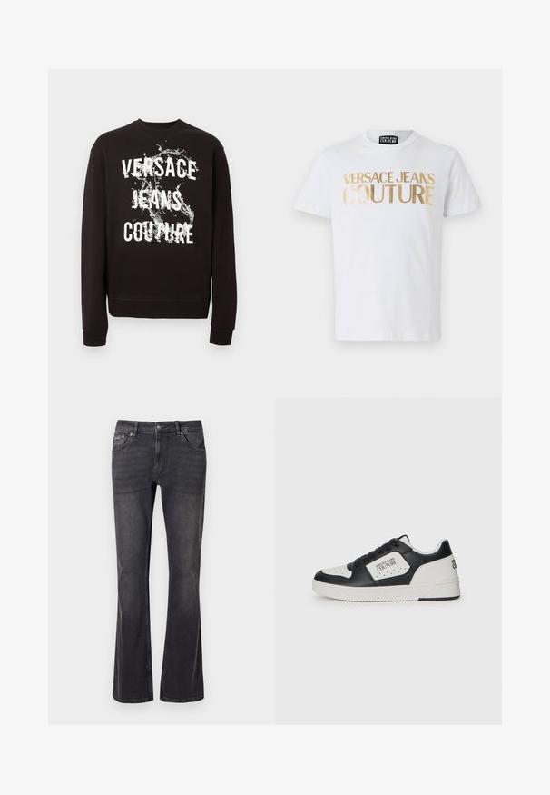 Schwarzes Sweatshirt mit langen Ärmeln, vorne mit weißem Schriftzug "Versace Jeans Couture" und Wasserspritz-Grafik. Gerippte Bündchen und Saum.; Weißes Baumwoll-T-Shirt mit fettem goldenen "VERSACE JEANS COUTURE" Schriftzug auf der Vorderseite. Rundhalsausschnitt und kurze Ärmel.; Schwarze Jeans aus Denim mit ausgestelltem Design, fünf Taschen und einem Metallknopfverschluss. Der Stoff hat eine glatte Textur mit dezentem Verblassen.; Schwarzer und weißer Sneaker mit einem glatten Lederobermaterial, durchlöcherter Zehenbox, kontrastierendem weißen Element und Logodetails an der Seite und Ferse.