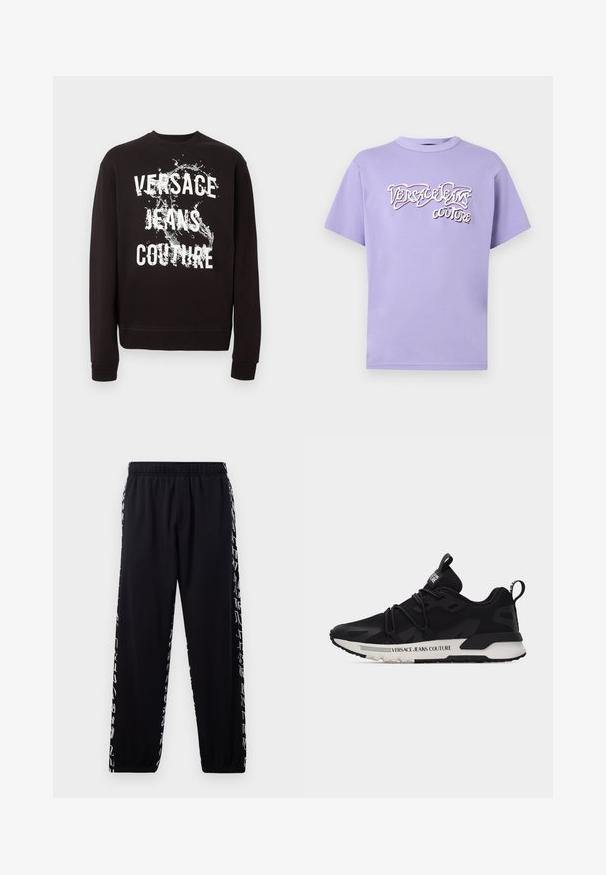 Must pika varrukaga dressipluus valge "Versace Jeans Couture" tekstiga ja ees veesplash-graafikuga. Soonilised mansetid ja alumine äär.; Lilla lühikeste varrukatega T-särk, mille keskel on valge ja must reljeefne "Versace Jeans Couture" logo.; Mustad mustad püksid elastse paisutusega vöökoha ja pahkluude ümber, mille külgpindadel on valgeid abstraktseid kirjutisi.; Must madal tennisejalanõu valge tallaga, küljes kirjaga "Versace Jeans Couture", võrkpealsed ja tõmblukuga keele- ning kontsapealsed sangad.