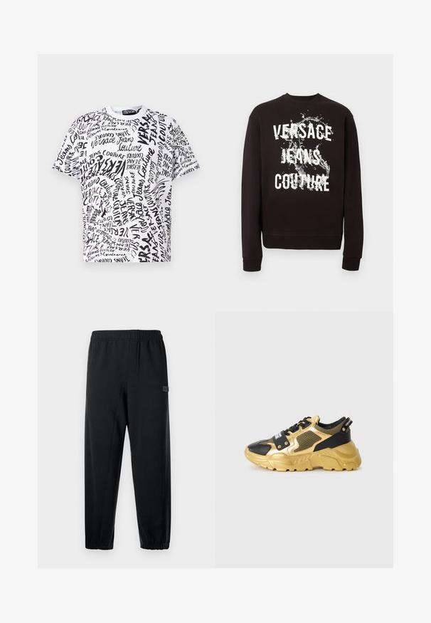 Must pika varrukaga dressipluus valge "Versace Jeans Couture" tekstiga ja ees veesplash-graafikuga. Soonilised mansetid ja alumine äär.; Valge T-särk, millel on kogu pinna ulatuses must scribble-muster ja "Versace Jeans Couture" tekst, ümar kaelus ja lühikesed varrukad.; Mustad mustad püksid elastse vöökohaga, kitsenevad jalad ja väike bränditud silt. Valmistatud siledast, kergekaalu kangast.; Mustad ja kuldsed spordijalatsid, millel on võrgusilmast ülaharu, paks tald ja dekoratiivne riistvara. Sisaldab silmapaistvat logomärki pingutusala juures.