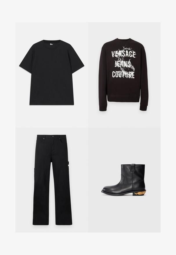 Schwarzes Sweatshirt mit langen Ärmeln, vorne mit weißem Schriftzug "Versace Jeans Couture" und Wasserspritz-Grafik. Gerippte Bündchen und Saum.; Schwarzes Kurzarm-T-Shirt aus Baumwolle mit rundem Halsausschnitt und einem kleinen Logo-Detail am Saum. Glatte Textur, reguläre Passform.; Schwarze, gerade geschnittene Arbeitshose mit mehreren Taschen und Gürtelschlaufen, gefertigt aus robustem Stoff.; Schwarze Leder-Stiefelette mit glatter Oberfläche, runder Zehenpartie und einem goldakzentuierten Walmotiv an der Ferse. Minimalistisches Design.
