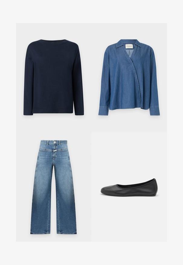 Pull à manches longues bleu marine avec un col rond, une texture en maille unie et une coupe décontractée sur fond blanc.; Chemise en jean bleu à manches longues avec un col replié et un design croisé à l'avant, étiquetée "CLOSED" à l'intérieur du col.; Jean bleu taille haute à jambes larges avec fermeture à bouton et fermeture éclair à l'avant, poches avant et passants pour ceinture sur un fond uni.; Ballerines en cuir noir avec un bout rond, texture lisse, détails de couture minimalistes et design de semelle flexible.