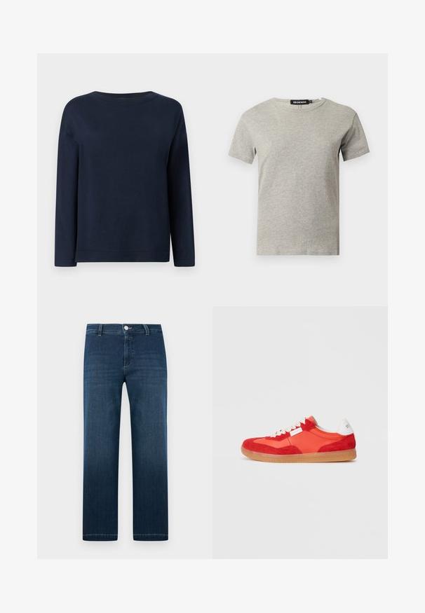 Pull à manches longues bleu marine avec un col rond, une texture en maille unie et une coupe décontractée sur fond blanc.; T-shirt en coton gris clair à manches courtes et col rond avec une étiquette noire visible à l'intérieur du col indiquant "DENIM" et la taille "S."; Jean denim bleu foncé à jambes droites avec fermeture avant par bouton et zip, passants pour ceinture, et légère décoloration sur les cuisses.; Baskets basses rouges et oranges avec des lacets beiges, semelle en gomme et onglet de talon blanc sur fond gris clair uni.