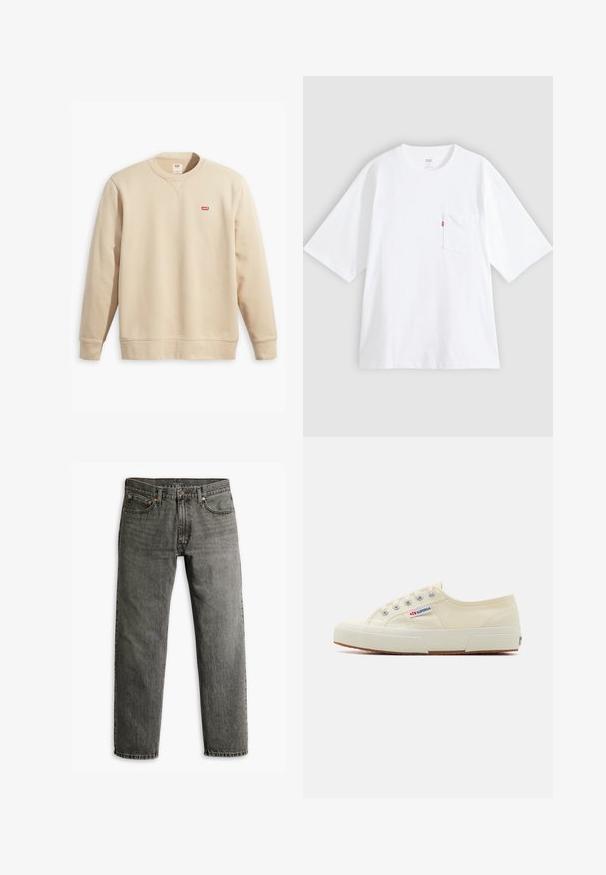 Beige sweatshirt met ronde halslijn, lange mouwen en ribbelmanchetten. Voorzien van een klein rood Levi's-logo op de voorkant. Zachte textuur.; Wit katoenen T-shirt met korte mouwen, ronde hals en een borstzak aan de linkerkant. Heeft een klein rood logotagje op de zak.; Grijze denim jeans met een recht model, klassieke vijf-pocket styling en subtiele stiksels op de naden en zakken.; Beige canvas sneaker met een laag profiel, metalen oogjes en rubberen zool. Beschikt over een textuurpatroon en logodetail aan de zijkant.