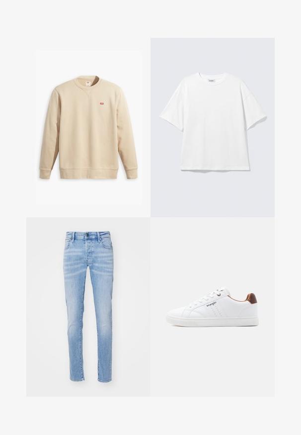 Beiger Sweatshirt mit Rundhalsausschnitt, langen Ärmeln und gerippten Bündchen. Verfügt über ein kleines rotes Levi's-Logo auf der Vorderseite. Weiche Textur.; Weißes oversized T-Shirt mit kurzen Ärmeln und Rundhalsausschnitt mit eingesetzten Schultern, flach auf hellgrauem Hintergrund.; Helle blaue Denim-Jeans mit schlankem Schnitt, ausgestattet mit einem Fünf-Taschen-Design, Gürtelschlaufen und einem Knopfverschluss. Der Stoff hat eine weiche Textur.; Weißer Low-Top-Sneaker mit weißen Schnürsenkeln, perforierten Details, "Wrangler"-Logo an der Seite und braunem Absatz auf einfarbigem Hintergrund.