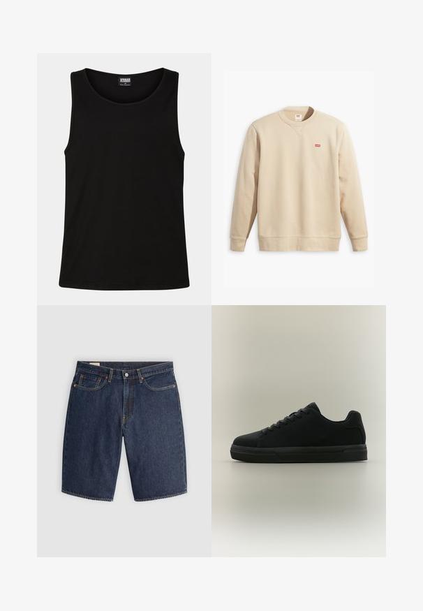 Beige sweatshirt met ronde halslijn, lange mouwen en ribbelmanchetten. Voorzien van een klein rood Levi's-logo op de voorkant. Zachte textuur.; Zwarte tanktop gemaakt van zachte katoenstof. Beschikt over een ronde halslijn en ruime armsgaten, zonder zichtbare patronen of accenten.; Donkerblauwe denim shorts met een klassiek ontwerp, voorzien van vijf zakken, gestikte naden, een knoopsluiting en gebogen achterzakken.; Zwarte lage sneaker met veters, rubberen zool en gladde afwerking, zijaanzicht op een neutrale achtergrond.