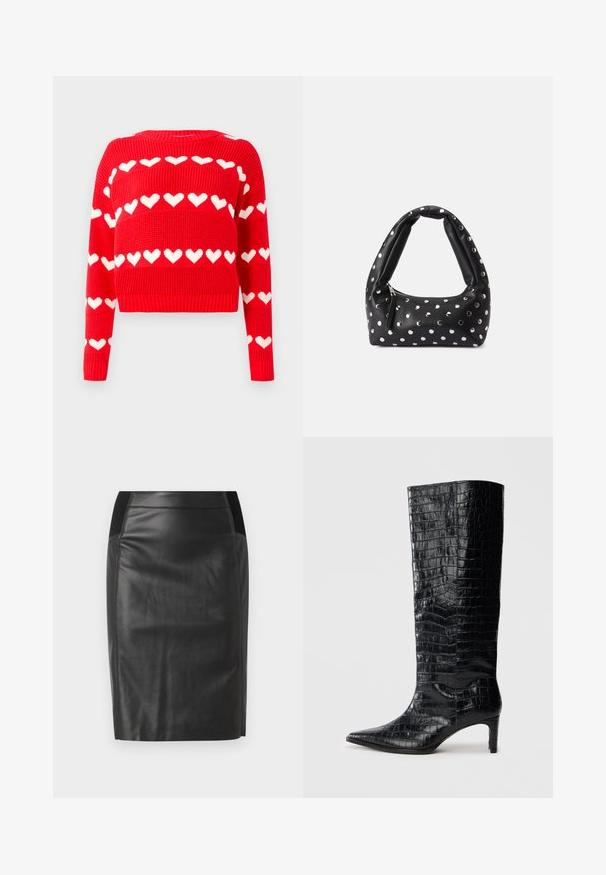 Suéter corto de punto rojo con patrones de corazones blancos. Presenta un escote redondo y puños y dobladillo acanalados. Textura suave y corte relajado.; falda lápiz de cuero negro con un diseño ajustado, textura suave y acentos de cintura elástica a ambos lados. Dobladillo recto en la parte inferior.; Botas negras de media caña con textura brillante de patrón de cocodrilo, punta afilada y tacón cónico. Material sintético liso.; Bolso de cuero negro con un asa curva, adornado con puntos plateados y un cierre de cremallera en un lado.
