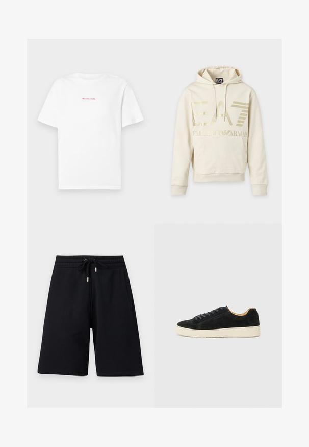 Sweat à capuche couleur crème avec un logo doré EA7 Emporio Armani, poche avant et cordon de serrage à la capuche.; T-shirt blanc à manches courtes avec col rond, featuring un petit texte rose "MICHAEL KORS" centré sur la poitrine sur un fond uni.; Shorts noirs mi-genoux avec taille élastique et cordon de serrage, dotés de poches latérales et d'une coupe décontractée.; Baskets en daim noir au design bas, avec des lacets assortis, une semelle en caoutchouc texturé crème et une silhouette minimaliste.