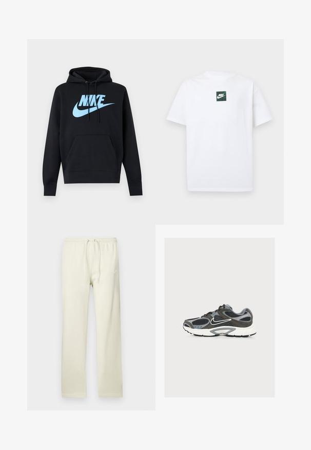 Μαύρο φούτερ με κουκούλα με λογότυπο Nike σε ανοιχτό μπλε και το swoosh στο στήθος, μπροστινή τσέπη καγκουρό και κουκούλα με κορδόνια.; Άσπρο κοντομάνικο T-shirt της Nike με μικρό πράσινο τετράγωνο λογότυπο που απεικονίζει το σήμα Swoosh της Nike και κείμενο στο κέντρο του στήθους.; Ανοιχτό μπεζ φόρμα με κορδόνι στη μέση, κατασκευασμένη από απαλό υλικό. Διαθέτει διακριτικό λογότυπο Nike σε λευκό στην αριστερή μηριαία περιοχή.; Γκρι και μαύρο αθλητικό παπούτσι Nike με λευκή σόλα και λογότυπο Swoosh, με τμήματα από δίχτυ και σουέντ, σε θέα από την εξωτερική πλευρά.
