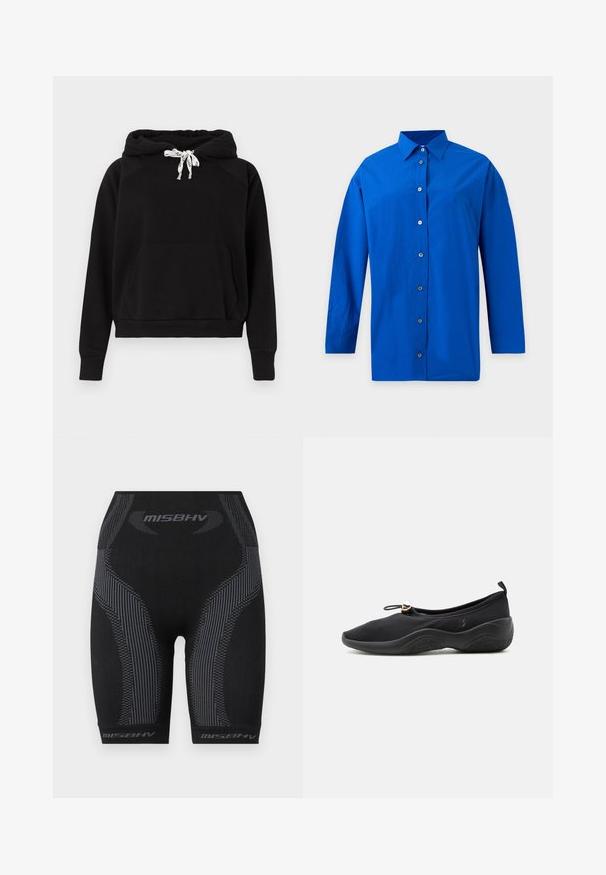 Zwarte hoodie van zachte stof, met een voorzak, capuchon met trekkoord en witte accenten, en ribgebreide mouwen en onderkant.; Langarmig koningsblauw overhemd met knopen en een puntkraag, getoond tegen een effen lichte achtergrond.; Zwarte sportshorts met een aansluitend ontwerp, textuurstof, verticale strepen in het grijs en het "MISBHV" logo aan de zoom.; Zwarte instapschoen met gestructureerde zool, elastische sluiting bovenaan en aantreklus aan de hiel voor gemakkelijk aan- en uittrekken.