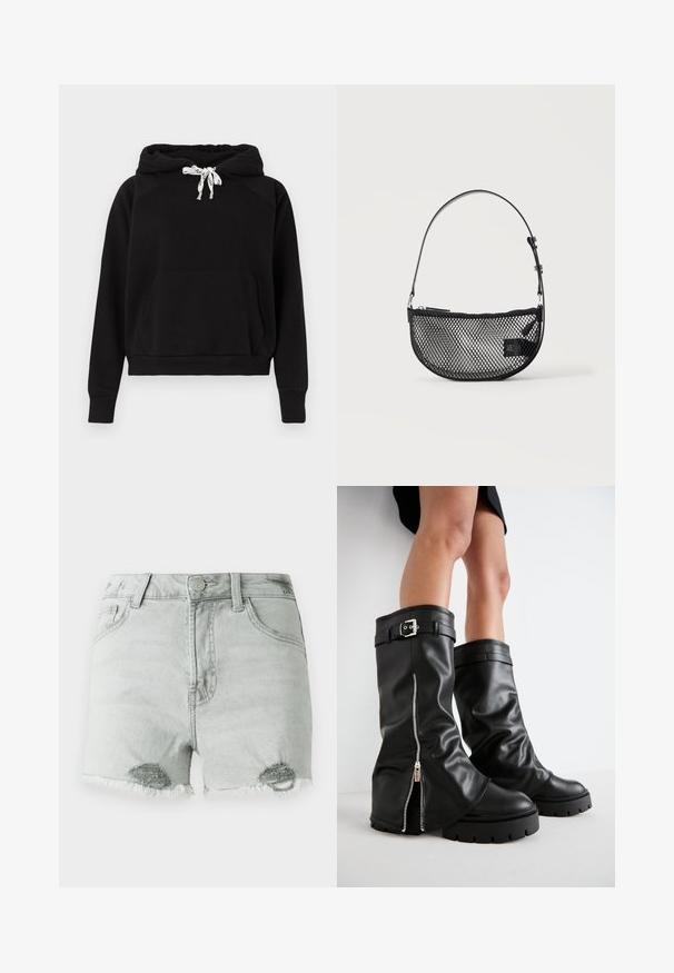 Schwarzer Hoodie aus weichem Stoff, mit einer Fronttasche, Kapuze mit Kordelzug und weißen Akzenten sowie gerippten Bündchen und Saum.; Hellgraue Denim-Shorts mit hoher Taille, distressed Details und fransigen Säumen sowie zwei Fronttaschen. Der Stoff wirkt weich und abgetragen.; Schwarze Lederstiefel bis zum Knie mit weiter Schaftweite, seitlichem Reißverschluss und Schnallenakzent, strukturierter Oberfläche und robuster Gummisohle.; Schwarze Netz-Halbmondhandtasche mit kurzem verstellbarem Lederriemen und Reißverschluss an einem einfarbigen hellen Hintergrund.