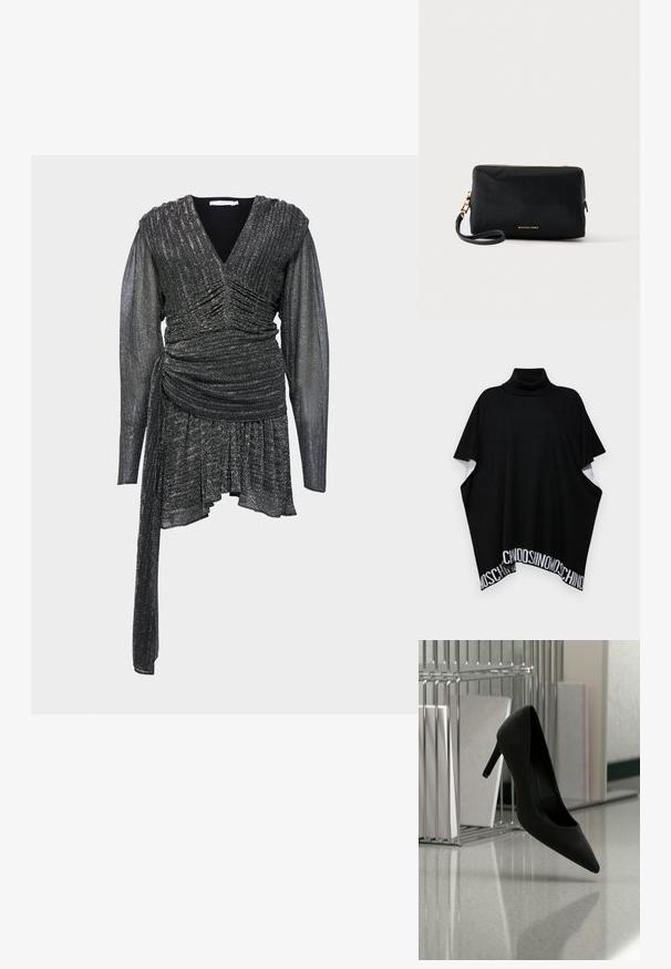 MOSCHINO PONCHO - Keep - black; Must musta, sädelev kleit V-kaelusega, kogutud detailidega, pikad läbipaistvad varrukad ja asümmeetriline äär. Tekstuuriga kangas säraga.; Must kontsakingade tugi, mis on tasakaalus oma kandjal peegeldaval tööpinnal metallist dokumenditugede lähedal, kus on valged kaustad.; Must ristmepõll põikopaliga kuldse tõmbluku ja logoga, eemaldatav rihm heledal taustal.