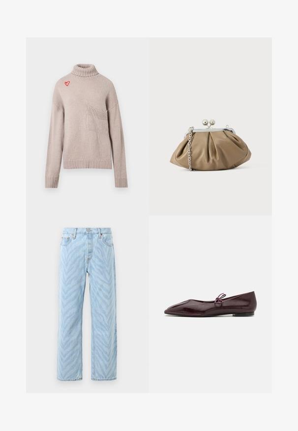 Pull en tricot beige clair avec un col montant, des poignets et un ourlet côtelé, présentant une petite broderie en forme de cœur rouge près du col et une poche avant.; Jeans droit light blue avec un motif subtil de rayures zèbres, fermeture par bouton et zip, et design à cinq poches.; Ballerines en cuir verni bordeaux avec un bout pointu et un nœud décoratif violet sur le cou-de-pied ; design à semelle plate.; Pochette en cuir beige clair à la forme arrondie, texture plissée, fermeture à verrou argentée et bandoulière chaîne amovible.