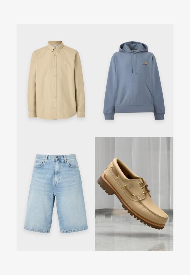 Φωτεινό γαλάζιο φούτερ Carhartt με μπροστινή τσέπη καγκουρό, ρυθμιζόμενο καπό με κορδόνια και μικρό κίτρινο και κόκκινο λογότυπο στο στήθος.; Μπεζ μακρυμάνικο πουκάμισο με κουμπιά, γιακά με κουμπί, και μικρό λογότυπο στο αριστερό στήθος, παρουσιασμένο σε απλό φόντο.; Ανοικτό μπλε τζιν σορτς μήκους μέχρι το γόνατο με μπροστινές τσέπες, θηλιές για ζώνη και κούμπωμα με κουμπί.; Ένα ανοιχτό καφέ δερμάτινο ναυτικό παπούτσι με παχύ, ραβδωτό πάτο και λεπτομέρειες από κορδόνια, που αιωρείται πάνω από ένα μαρμάρινο δάπεδο με φόντο λευκές κατακόρυφες περσίδες.