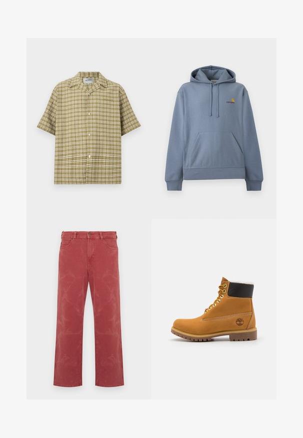 Φωτεινό γαλάζιο φούτερ Carhartt με μπροστινή τσέπη καγκουρό, ρυθμιζόμενο καπό με κορδόνια και μικρό κίτρινο και κόκκινο λογότυπο στο στήθος.; Πουκάμισο με κοντά μανίκια και κουμπιά, με μοτίβο καρό σε ελιάς και λευκό χρώμα και γιακά καμπ, παρουσιάζεται σε απλό ανοιχτό φόντο.; Κόκκινα τζιν από ντένιμ με άνετη γραμμή, διαθέτοντας σχεδιασμό με πέντε τσέπες, εμφανείς ραφές και απαλές ξεθωριασμένες λεπτομέρειες σε όλο το ύφασμα.; Καφέ δερμάτινο μποτάκι αστραγάλου με μεταλλικές υποδοχές, λευκή γούνινη επένδυση, μαύρο μαλακό περιλαίμιο, ανθεκτική σόλα και ανάγλυφο λογότυπο στο πλάι.