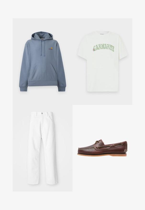 Lichtblauwe Carhartt hoodie met frontale kangoeroezak, verstelbare capuchon met trekkoorden en klein geel-rood logo op de borst.; Wit katoenen T-shirt met korte mouwen en een ronde hals, voorzien van een groen tekstontwerp en bloemenaccenten.; Witte denim broek met een rechte pijpdesign, voorzien van een sluiting met een voorknoop en ritssluiting, vijf zakken en een schone, gestructureerde afwerking.; Bruine leren bootschoen met witte stiksels, veterdetails en beige rubberen zool, zijaanzicht op een witte achtergrond.