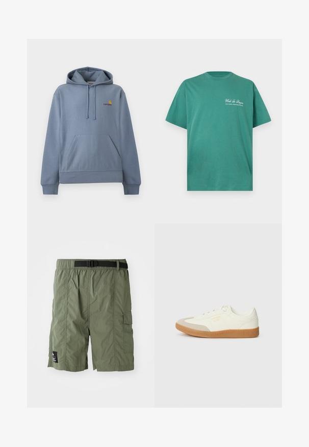 Sudadera con capucha Carhartt azul claro con bolsillo canguro frontal, capucha ajustable con cordones y pequeño logo amarilla y roja en el pecho.; Camiseta verde de manga corta con cuello redondo y texto blanco "Work In Progress" con un texto más pequeño debajo, en el lado superior izquierdo del pecho.; Pantalones cortos cargo de color verde oliva con cintura elástica y hebilla negra. Incluyen un bolsillo lateral y un tejido texturizado.; Zapatilla de cuero blanca con puntera beige y suela de goma marrón claro. Presenta cordones planos blancos y una marca en relieve en el lateral.