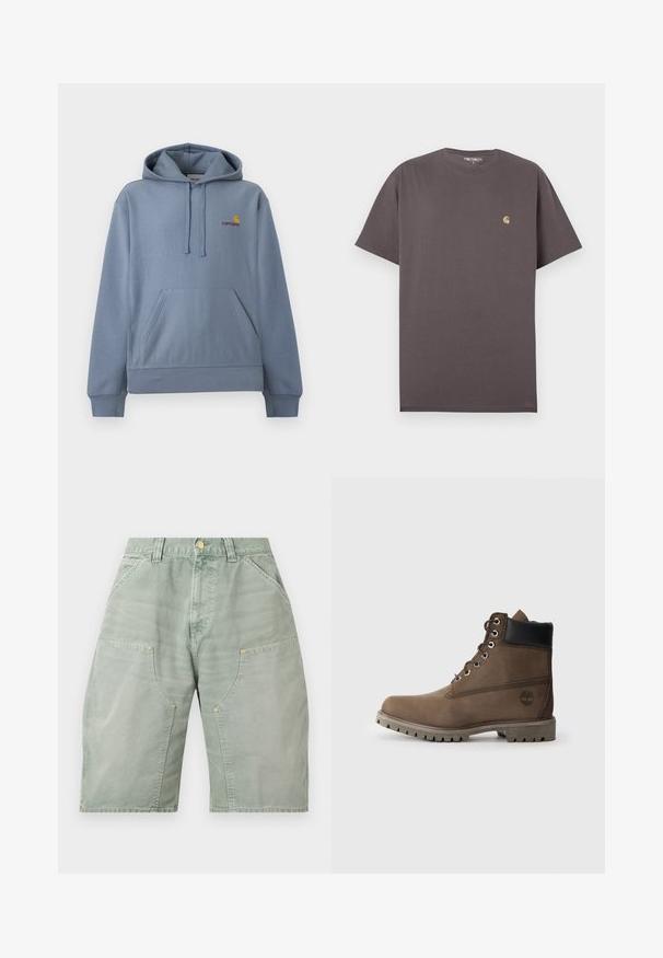 Φωτεινό γαλάζιο φούτερ Carhartt με μπροστινή τσέπη καγκουρό, ρυθμιζόμενο καπό με κορδόνια και μικρό κίτρινο και κόκκινο λογότυπο στο στήθος.; Απλή σκούρα καφέ κοντομάνικη μπλούζα με στρογγυλή λαιμόκοψη και μικρό μπεζ λογότυπο Carhartt στο αριστερό στήθος, μέγεθος μεγάλο.; Ανοιχτό πράσινο σορτς μήκους μέχρι το γόνατο με μεγάλες μπροστινές τσέπες, θηλιές για ζώνη και κλείσιμο με κουμπί στη μέση.; Καφέ δερμάτινο μποτάκι μέχρι τον αστράγαλο με μαύρη επένδυση, μεταλλικές τρυπίτσες και ανθεκτική γκρίζα σόλα. Διαθέτει λογότυπο στο πλάι και ραφές διακόσμησης.