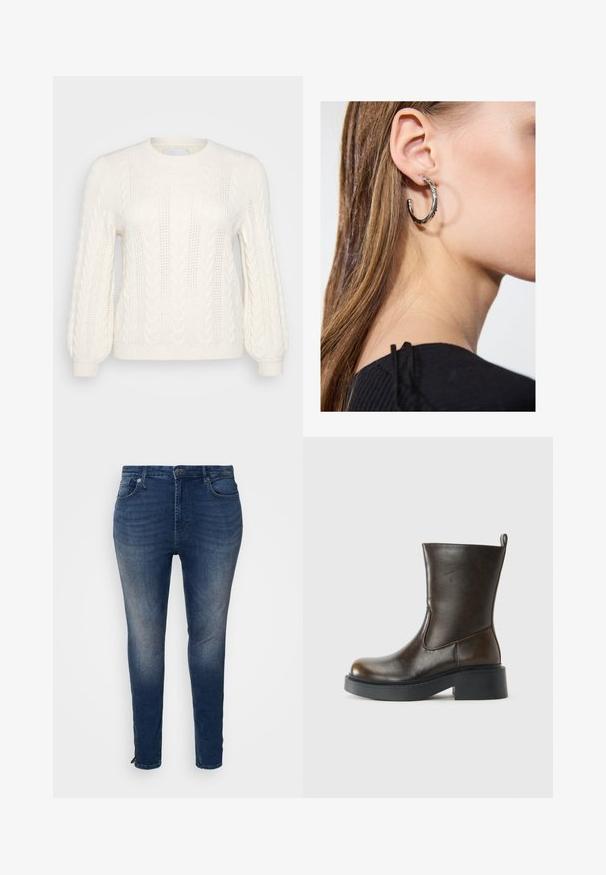 Suéter blanco de punto trenzado con mangas largas, cuello redondo, patrón texturizado y puños acanalados. Material ligero con detalles decorativos.; Jeans de mezclilla de color azul oscuro con un diseño ajustado, cinco bolsillos, costuras en contraste y un detalle de dobladillo con cremallera en los tobillos.; Botín de piel marrón oscuro que llega hasta la mitad de la pantorrilla, con puntera redonda, suela negra gruesa, tacón bajo y una lengüeta en la parte posterior.; Pendiente de aro de plata con un acabado pulido, que presenta pequeños detalles en dorado y una forma redonda, llevado en el lóbulo.