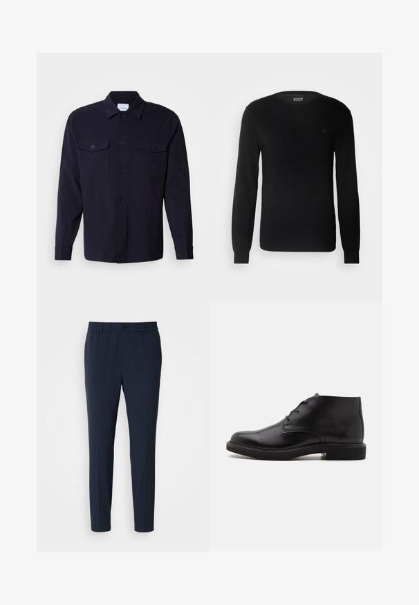 Suéter negro de punto con cuello redondo, mangas largas y un pequeño logotipo bordado en el pecho. Textura suave y diseño ajustado.; Chaqueta de camisa azul marino hecha de una tela suave, con dos bolsillos en el pecho, un frente abotonado y mangas largas con puños abotonados.; Pantalones rectos de color azul marino con cinturilla elástica, que cuentan con un cierre frontal de botón y una textura de tela suave.; Bota de tobillo de cuero negro con tres ojales para cordones, puntera redondeada y suela plana sobre un fondo liso y claro.