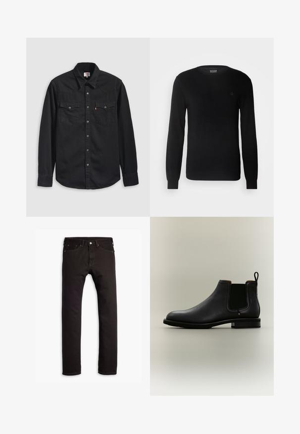 Pull en maille noir avec un col rond, des manches longues et un petit logo brodé sur la poitrine. Texture douce et coupe ajustée.; Chemise en denim noir avec col boutonné, deux poches poitrine et un col pointu avec des détails de couture visibles.; Jean slim noir avec cinq poches et fermeture à bouton, présenté à plat sur un fond blanc.; Bottine Chelsea en cuir noir avec panneaux latéraux élastiques et languette sur fond gris clair.
