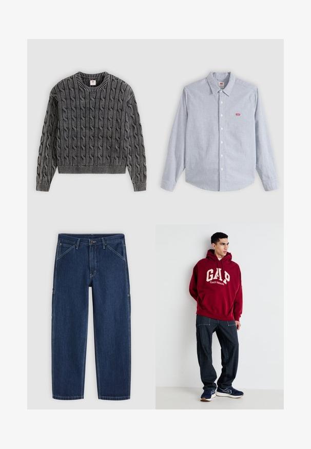 Grå kabelstrikket sweater med ribbet halsudskæring og kant. Har et tekstureret mønster af sammenflettede kabler over hele stoffet.; Langærmet, lyseblå og hvide stribet skjorte med knapper, krave og lille rødt Levi's-logo på venstre bryst.; Mørkeblå straight-leg cowboybukser med frontknap og lynlås, skrå frontlommer og synlige hvide syninger.; Mørkerød hættejakke med "GAP" og "TIMES SQUARE" trykt i cremefarve, sammen med marineblå stribede bukser og marineblå sneakers med hvide detaljer.