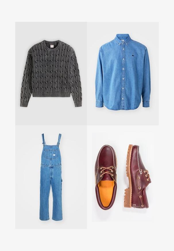 Grijze kabelgebreide trui met een geribde halslijn en zoom. Heeft een textuurpatroon van verstrengelde kabels door de hele stof.; Denim button-up shirt, lichtblauw van kleur, met een puntkraag, lange mouwen en een klein logo op de borst. Voorzien van witte knopen en gestikte naden.; Denim salopette met verstelbare schouderbanden, wijde pijpen en een voorzak met een label. Lichtblauwe kleur met een gestructureerde afwerking.; Bordeaux leren schoenen met bruine rubberen zolen, ronde neus, witte stiksels en gouden veterogen. Het interieur heeft een gele voering.