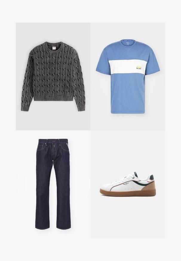Grå kabelstrikket sweater med ribbet halsudskæring og kant. Har et tekstureret mønster af sammenflettede kabler over hele stoffet.; Blå bomulds t-shirt med en hvid vandret stribe, rund halsudskæring og et solgrafik med "PEPE JEANS"-tekst på venstre bryst.; Mørkeblå denim jeans med lige ben-design. Funktioner inkluderer en knaplukning, fem lommer og kontrastsyning.; Hvid lavtop sneaker med brun sål, grønne og beige accenter, hvide snørebånd og "Pepe Jeans London"-logo på siden.