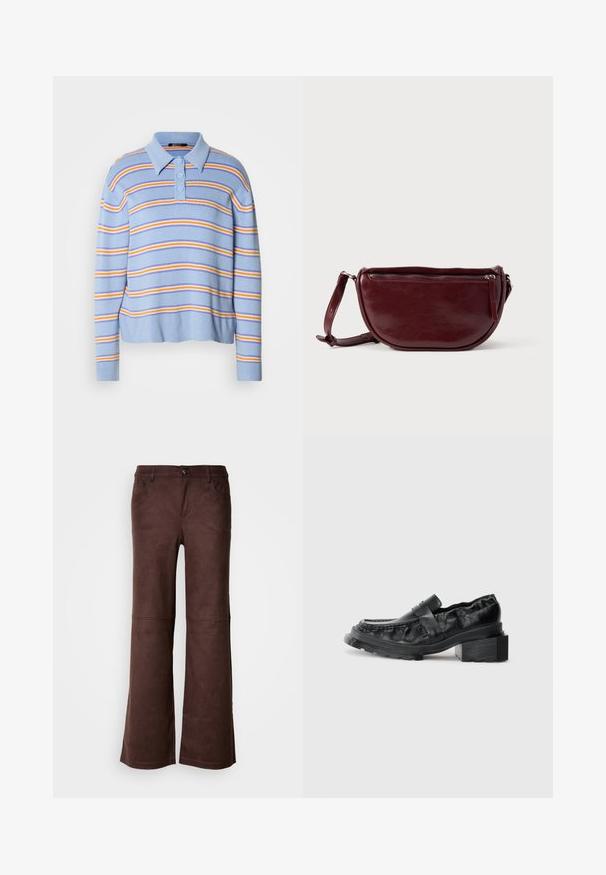 Lyseblåstribet polo-sweater med tre knapper, med vandrette striber i hvid, orange og dybblå. Blød strikket tekstur.; Brune flagrende bukser i et blødt, suede-lignende stof. Har fire lommer, en knaplukning og en glat, tekstureret overflade.; Sorte læderloafers med en struktureret sål, der har en let forhøjet blokhæl og en tekstureret overdel, sikret med en frontrem.; Vinrød læderhåndtaske med halvmåneform, lynlås og aftagelig rem. Glat tekstur med en subtil glans.